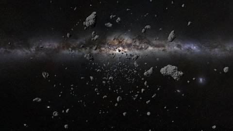 asteroid field fly through, science fiction space scene, 4k loop