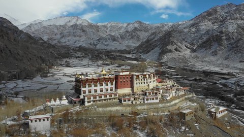 Aerial view of Phyang Monastery on a winter day. It belongs to the Drikung Kagyu school of Tibetan Buddhism. Location: Indus Valley in Ladakh next to the Srinagar - Leh highway at 3.550 m altitude.