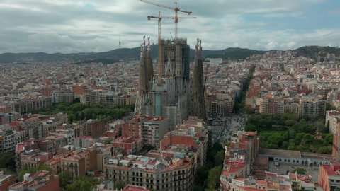 Barcelona, Spain - October 20, 2019: Aerial View. Santa Eulalia Cathedral Sagrada Familia Barcelona.
