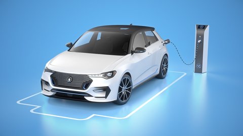 Modern electric self driving car charging in charging station on blue background. Battery graphic shows charging progress. Alternative energy and ecology concept. Realistic high quality 3d animation.