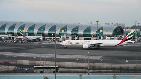 DUBAI UAE - 2019: Boeing B777 of Emirates Airlines at Dubai International Airport. 