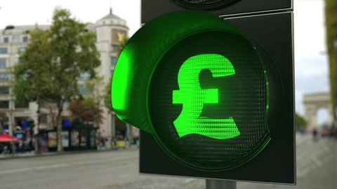 British pound sterling GBP sign on green traffic light signal. Forex related conceptual 3D animation