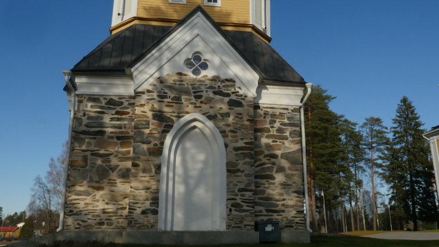 Panorama from bell tower to wooden lutheran church Kerimaki, It is said to be the biggest wooden church in the world, Finland, Full HD footage