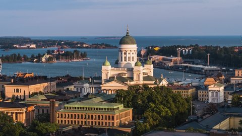 Establishing Aerial view of Helsinki, Helsinki Cathedral, Finland