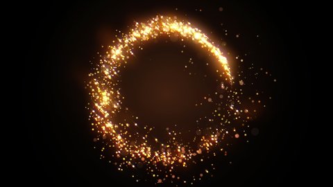 Golden glitter circle with sparkling light. Shining Christmas gold particles and sparkles ring on black background. Luxury magic festive effect with bokeh and glow. Dust trail 3d render in Ultra HD 4K