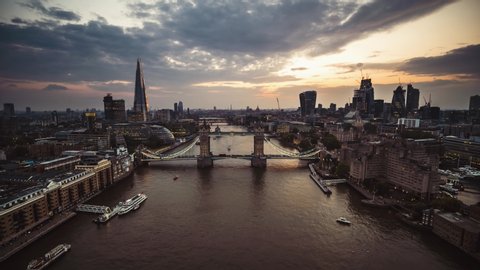 Establishing Aerial View of London, Tower Bridge, City Skyline, United Kingdom