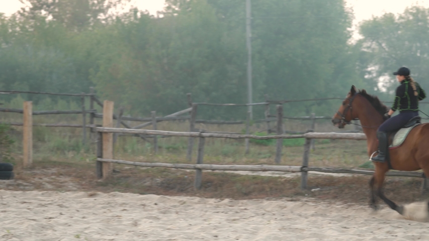 Horsegirl rides gallop on a brown horse in the outdoors sand arena. Competitive rider training dressage in manege Royalty-Free Stock Footage #1041652912