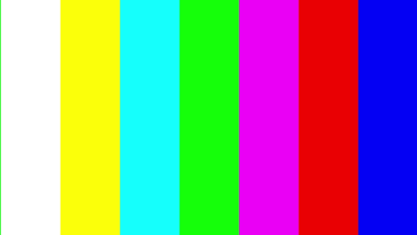 Television screen error. SMPTE color bars technical problems.Color Bars data glitches. Intentional glitch distortion. Test pattern from a tv transmission, with colorful bars, a black box and the warni Royalty-Free Stock Footage #1041654343