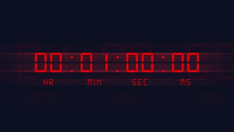 Futuristic one minute digital clock countdown from sixty to zero. High quality 4k video. Timer with LCD display. Red numbers over a black background.