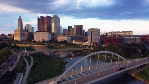 Aerial view of Columbus Ohio with Scioto river and Main Street Bridge during sunset