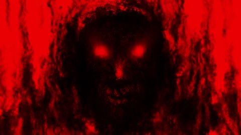 Scary demonic monk head in hood from nightmares. Looped animation in genre of horror. Black and red background color. Gloomy character concept. Fantasy video clip for Halloween. Coal and ink effects.