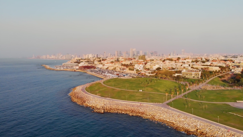 Aerial View of Tel Aviv City and Old Jaffa. Beach and Mediterranean Sea Coastline in Tel Aviv. View from Yaffo Park for Tel Aviv City, Israel.
