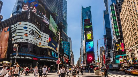 Times Square New York City Daytime Timelapse. High dynamic range 4K super fine timelapse by raw photo files. Crazy busy people, traffic and LED walls of advertisements. 

