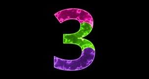 Beautiful luminous number 3 made from connected puzzle pieces of luminous popular bright neon colors (green, pink and purple) with fractal effect on transparent background. 4k video with alpha channel