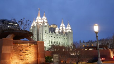 Salt Lake City , Utah / United States - 03 12 2019: Salt Lake City 12 March 2019 - Temple of the Church of Jesus Christ of Latter-day Saints at night