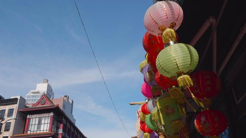 new york city / United States - 11 14 2018: New York City Chinatown Slow Motion Lanterns Blowing gently in the breeze