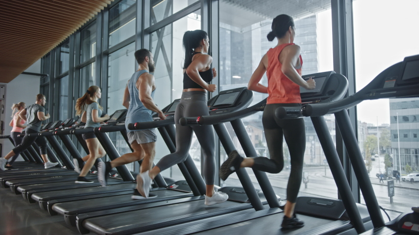 Group of Six Athletic People Running on Treadmills, Doing Fitness Exercise. Athletic People Actively Workout in the Modern Gym. Sports People Workout in Fitness Club. Side View Slow Motion Royalty-Free Stock Footage #1041682672