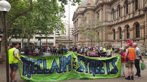 Sydney NSW Australia - Nov 23 2019: people gathered at Town Hall Square for a rally. Protesters demand pill testing and end to strip searches - Reclaim the Streets demand scrapping sniffer dogs
