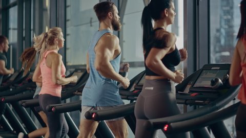 Athletic People Running on Treadmills, Doing Fitness Exercise. Athletic and Muscular Women and Men Actively Training in the Modern Gym. Sports People Workout. Back View Elevating Camera
