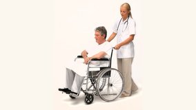 Caucasian man in wheelchair with his nurse isolated on a white background, Healthcare workers in the Coronavirus Covid19 pandemic