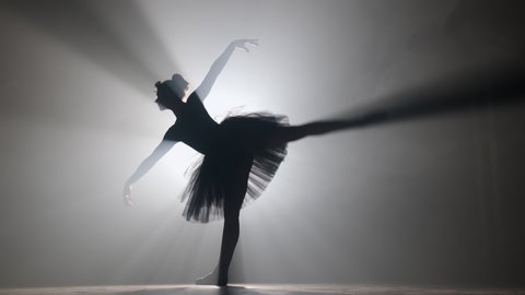 Professional ballerina dancing ballet in spotlights smoke on big stage. Beautiful young girl wearing black tutu dress on floodlights background. Black and white. 4k