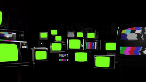 Retro TV Stack Installation with Static Noise, Color Bars and Green Screens. Black and White Tone. 4K Resolution.