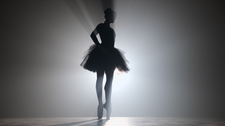 Professional ballerina dancing ballet in spotlights smoke on big stage. Beautiful young girl wearing black tutu dress on floodlights background. Black and white. 4k Royalty-Free Stock Footage #1041699409