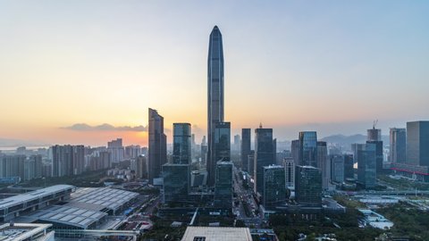 Shenzhen, Guangdong Province, China - Nov.25, 2019: Shenzhen Futian District skyline in dusk/zoom in lens