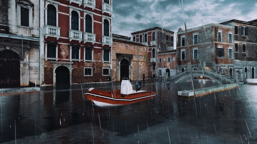 Empty flooded venetian street with ancient bridge over canal and inflatable boat on foreground during High Water flood Acqua Alta in Venice at rainy dusk. With no people 3D animation rendered in 4K
