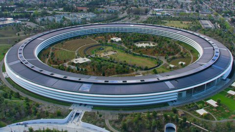 Cupertino, San Francisco, California, US. Circa 2019. Apple Park is the corporate headquarter of Apple Inc. It was designed by Norman Foster and it is nicknamed the Spaceship. Shot on Red weapon 8K.