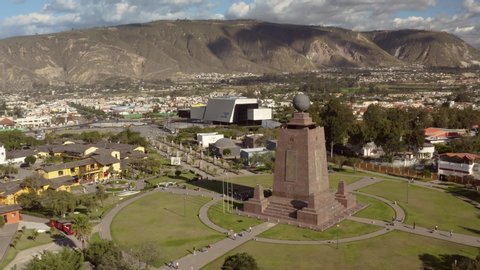 QUITO - SAN ANTONIO, ECUADOR - MAY 5, 2019: Equator line monument, Ciudad Mitad Del Mundo, Ecuador, aerial drone footage, tourist destination