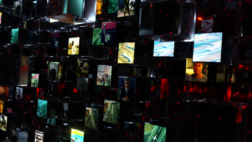 A wall of bright video screens containing personal data in a dark internet made of millions of flying glass blocks passes by. Abstract 4K animation. Royalty-Free Stock Footage #1041716026