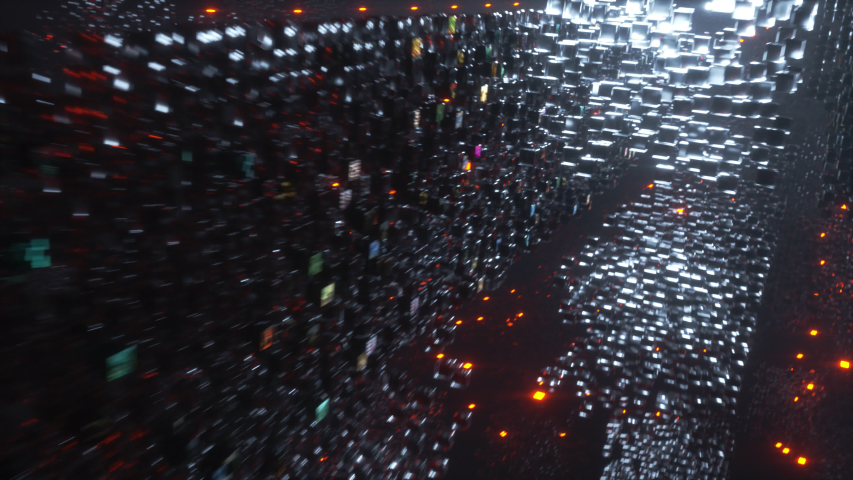 Bright video screens of personal data and information being moved around a dark internet made of millions of flying glass blocks of content. Abstract 4K animation. | Shutterstock HD Video #1041716029