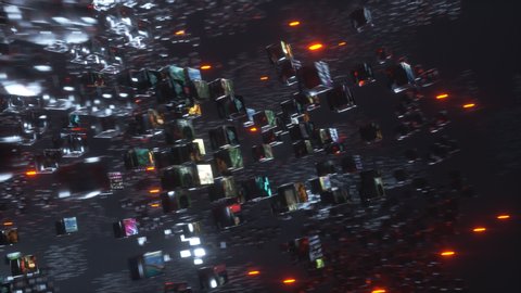Bright video screens of personal data and information being moved around a dark internet made of millions of flying glass blocks of content. Abstract 4K animation.