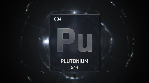 Plutonium as Element 94 of the Periodic Table. Seamlessly looping 3D animation on silver illuminated atom design background with orbiting electrons. Design shows name, atomic weight and element number