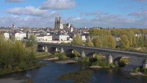 France, Orléans, Geroges V bridge, sunny drone aerial view