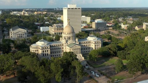 Jackson, Mississippi, / USA - August 24, 2019: Mississippi Capitol Building in Jackson, Cityscape by 4K Aerial Drone