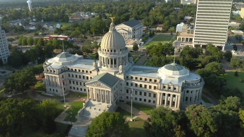 Jackson, Mississippi, / USA - August 24, 2019: Aerial Drone: Close Up of The Mississippi Capitol Building in Jackson