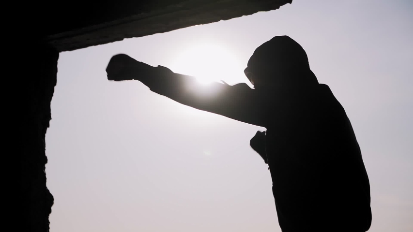 Silhouette of a boxer on a sunset background. Coaches punches. Shadow-boxing. Outdoor workout. Motivational video.  | Shutterstock HD Video #1041727483