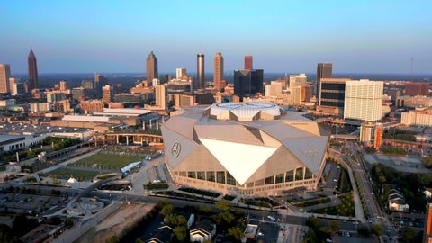 Atlanta, Georgia / USA - August 29, 2019: Brand New Mercedes Benz Stadium, Atlanta Georgia, Aerial Drone