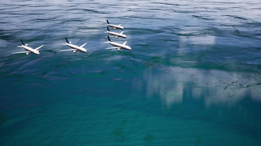Five planes fly strictly in a specific order above the surface of a calm ocean against a cloudless sky. Jamb of planes. 4k