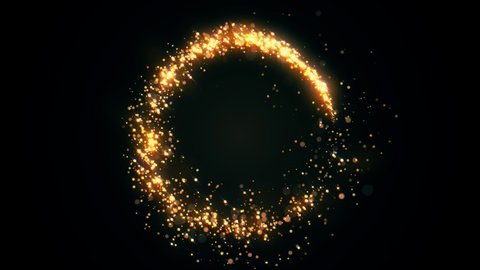 Golden glitter circle with sparkling light. Shining Christmas gold particles and sparkles ring on black background. Luxury magic festive effect with bokeh and glow. Dust trail 3d render in Ultra HD 4K