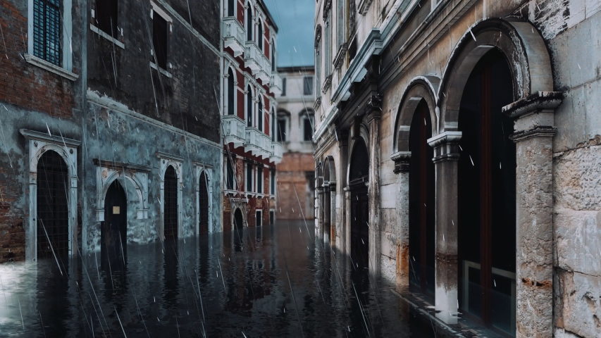 Empty narrow venetian street with flooded pavement and ancient buildings during catastrophic High Water flood Acqua Alta in Venice at rainy evening. With no people 3D animation rendered in 4K