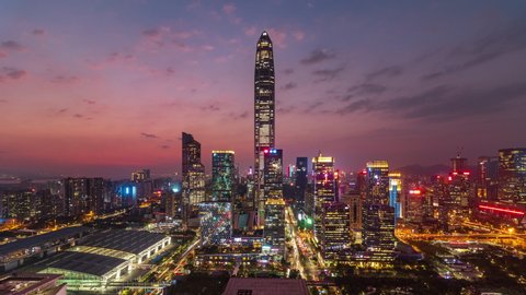Shenzhen Futian District financial center skyline from dusk to night time lapse