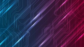 Blue and purple glowing motion background with circuit board chip lines. Futuristic abstract design. Seamless looping. Video animation Ultra HD 4K 3840x2160