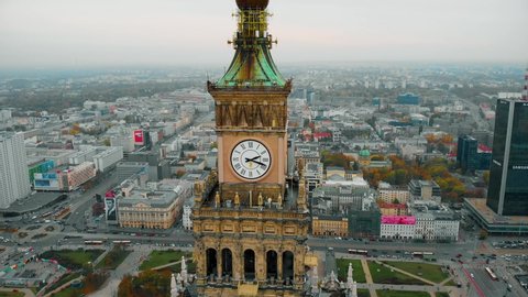 WARSAW, POLAND - OCTOBER 19, 2019: Beautiful panoramic aerial drone view, fly around (point of interest) the Palace of Culture and Science in Warsaw (PL: PKiN) - the symbol of the Warsaw and Communism