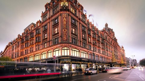 LONDON- NOVEMBER, 2019: Time lapse of Harrods department store, a world famous shopping destination and landmark building in Knightsbridge