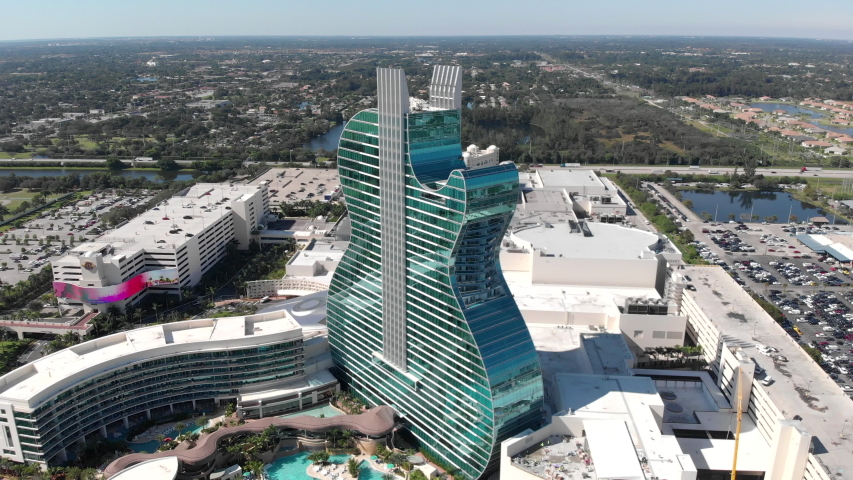 Hollywood, Florida/USA - November 25, 2019: Aerial View on Guitar Hotel with a shallow depth of field at Seminole Hard Rock in Hollywood, FL. Aerial Photo of Brand New Unique Guitar Hotel.