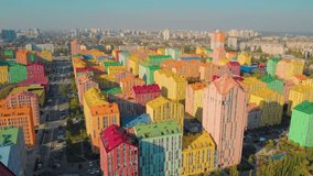 Aerial view of district of colorful houses in Kiev, Ukraine. Comfort town buildings. Aerial view, drone video footage.