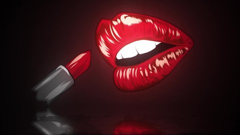 Red lips biting retro icon isolated on black background.